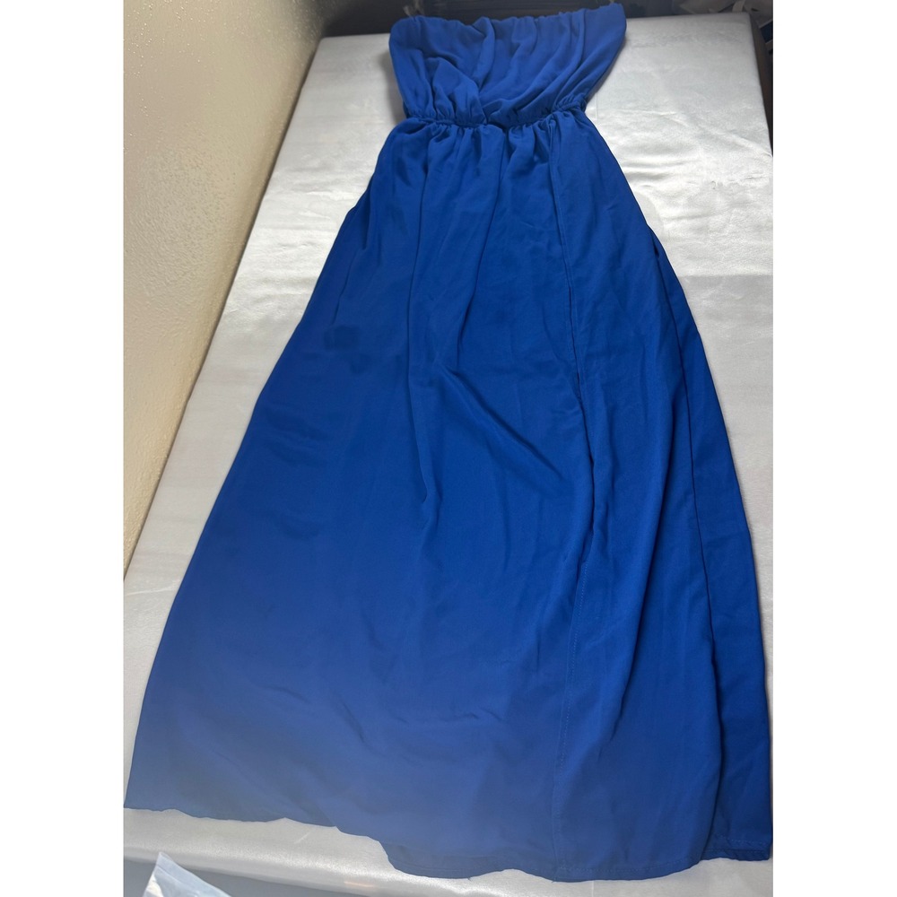 New Look Royal Blue Strapless Maxi Dress High Slit Elastic Waist Size L